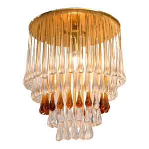 Art Deco French Gold Leaf Crystal Tear Drop Chandelier in Amber and Clear 1940
