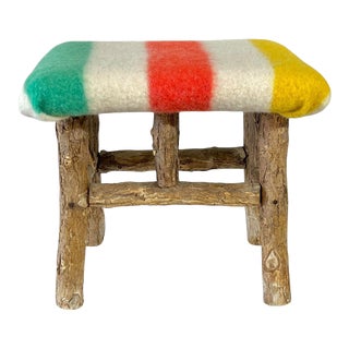 1940s Vintage Adirondack Natural Twig Footstool With Hudson Bay Wool Blanket Upholstery For Sale