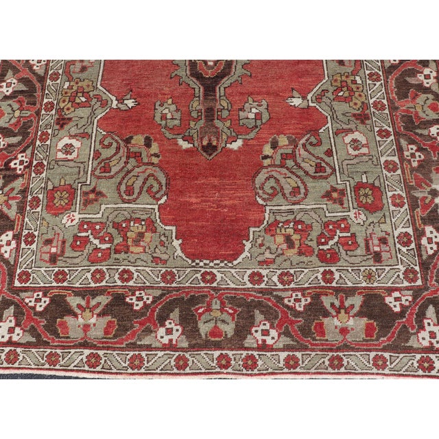 Antique Turkish Oushak Rug With Medallion in Soft Red, Light Green & Brown For Sale - Image 9 of 16
