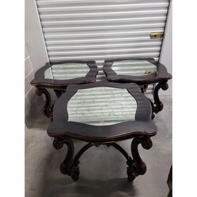 1980s Set of 3 Custom Accent Side Tables With Antiqued Silver Mirrored Tops For Sale - Image 9 of 9