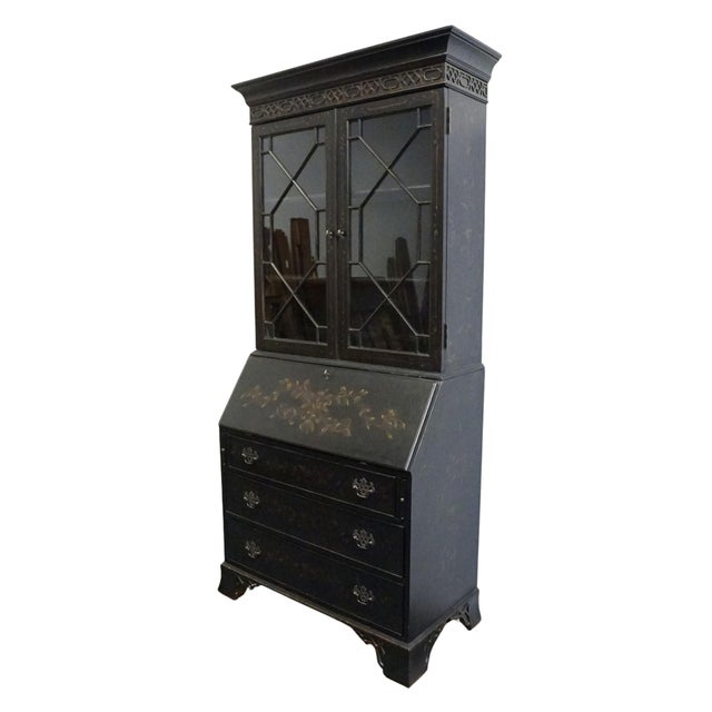 Chinoiserie Ethan Allen Newport Collection Contemporary Asian Inspired Black 41" Secretary Desk W. Bookcase Hutch Top 34-9408 For Sale - Image 3 of 15