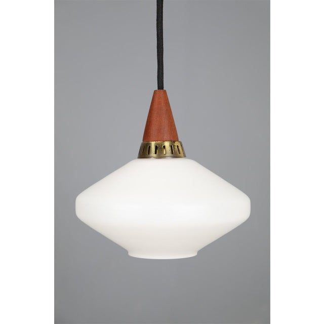 1960s Mid-Century Modern Danish Glass Pendant Lamps with Teak Top, 1960s, Set of 3 For Sale - Image 5 of 11