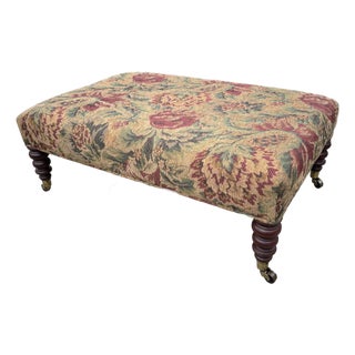 1990s Hickory Chair Turned Leg Tapestry Ottoman on Brass Casters For Sale