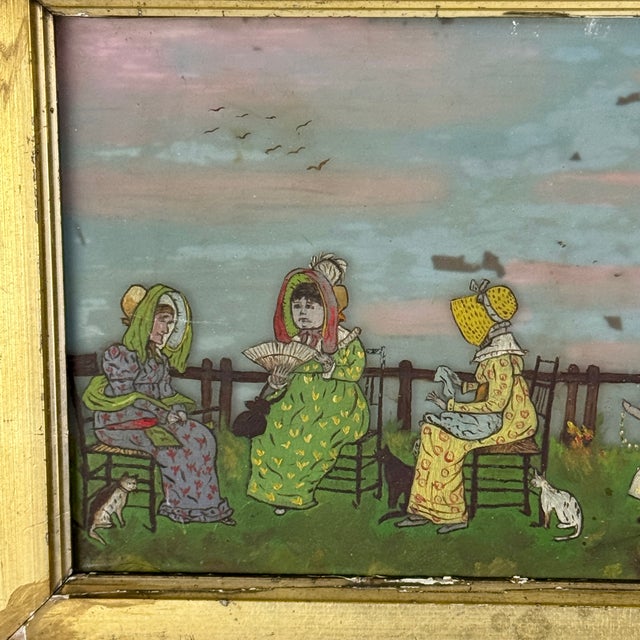 Antique Glass Painting of Nursery-Rhyme Like Theme With Children & Adults Outside For Sale - Image 4 of 11