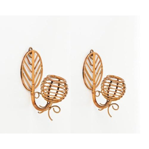 French Riviera Lantern Sconces in Rattan by Louis Sognot, France, 1960s, Set of 2 For Sale - Image 9 of 15