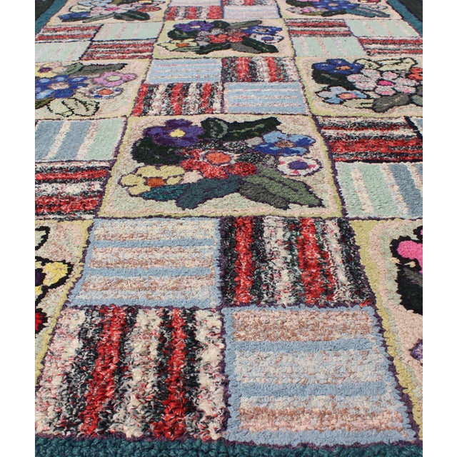 Textile Checkerboard Vintage American Hooked Rug With Geometric and Floral Designs 3'1"x4'8" For Sale - Image 7 of 7