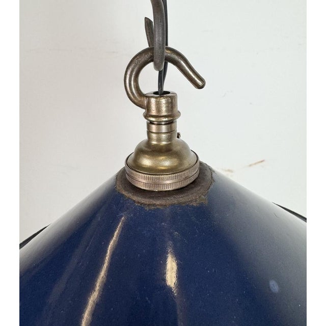 Mid-Century Modern British Industrial Dark Blue Enamel Factory Pendant Lamp, 1950s For Sale - Image 3 of 15