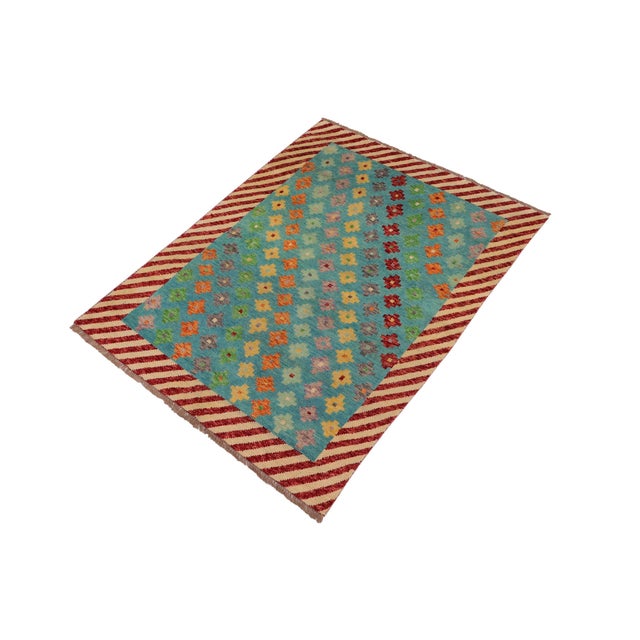Contemporary Contemporary Balochi Blue/Beige Wool Rug - 4'0''x5'10'' For Sale - Image 3 of 11