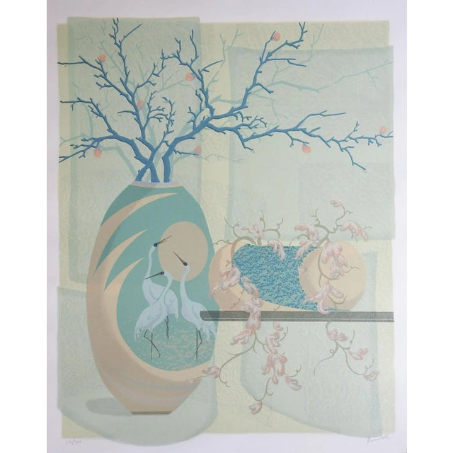 Vintage circa 1980's teal and tan serigraph on paper Asian style still life with cranes. Signed Kim Sue and numbered...