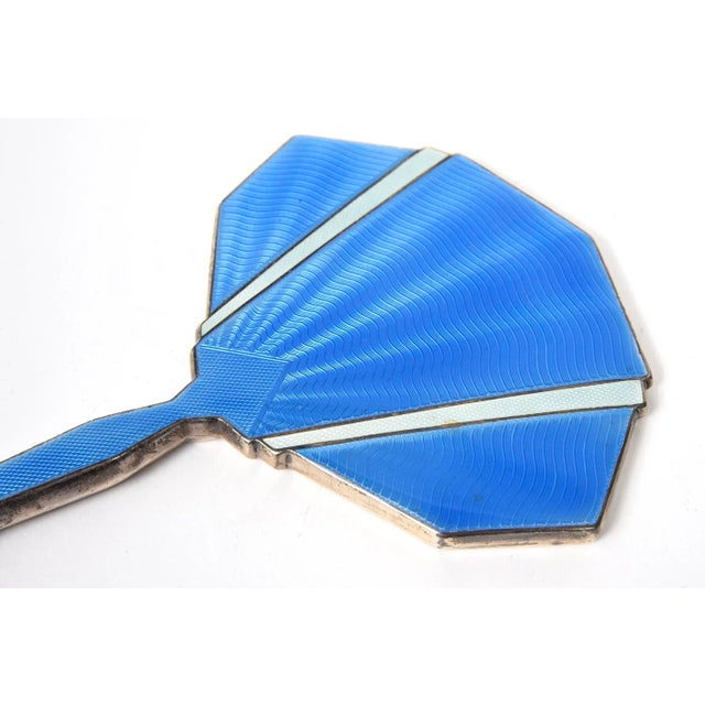 Early 20th Century English Art Deco Sterling Silver Blue White Guilloche Enamel Brush Dresser Set - 3 Pieces For Sale - Image 10 of 13