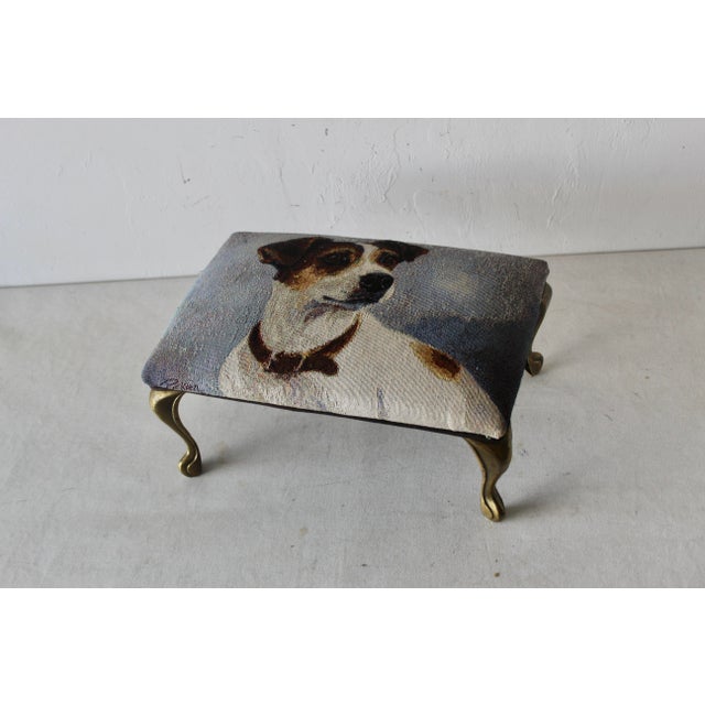 Wood 1980s Vintage Jack Russel Tapestry Upholstered Cast Brass Cabriole Legs Footstool For Sale - Image 7 of 9