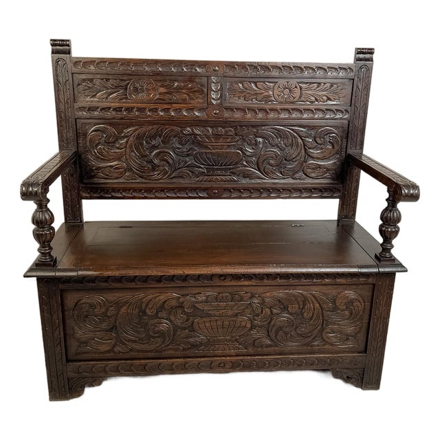 Antique French Normandy Carved Oak Bench Chest For Sale