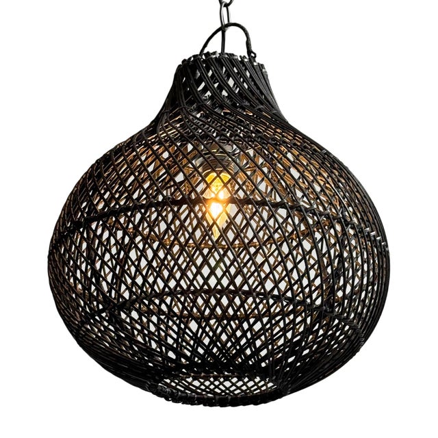 Organic Modern Black Bawang Rattan Pendant Light Medium For Sale - Image 4 of 8