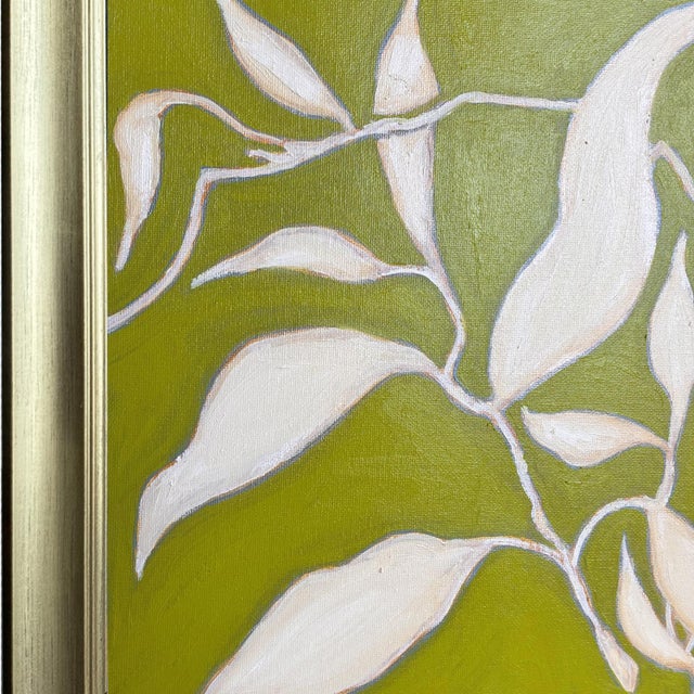 Original Framed Botanical Leaf Painting, Chartreuse Green Cream Wall Art, Oil on Canvas in Gold Frame, 14x14 Minimalist Boho Home Decor For Sale - Image 4 of 5