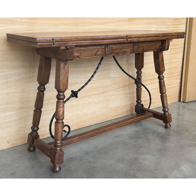 20th Century Spanish Console Fold Out Farm Table with Wood Stretcher For Sale - Image 17 of 18
