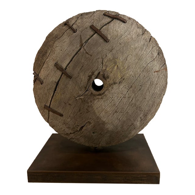 Antique Cart Wheel Mounted on Stand For Sale