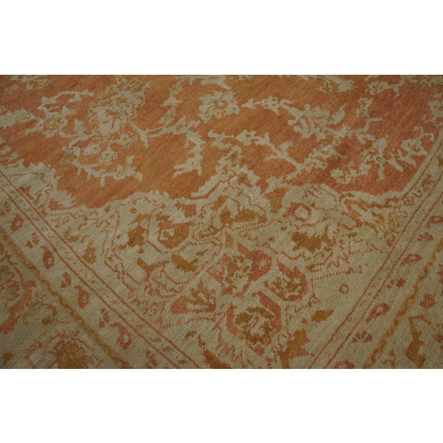 Spectacutar Orange-Salmon Background Color With Distinctive Central Medallions Antique Turkish Oushak Rug For Sale In New York - Image 6 of 9