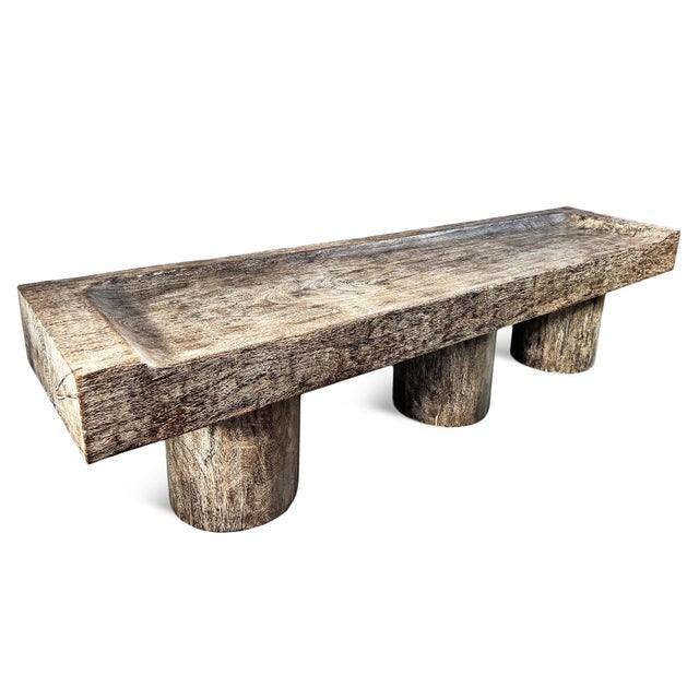Vintage Modern Rustic Slab Three Pillar Bench For Sale - Image 4 of 7