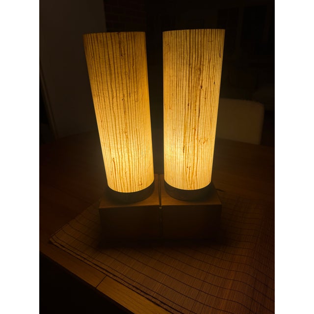 Mid-Century Modern 1960s Modeline of California Mid-Century Modern Cylinder Table Lamps With Hinged Wood Bases - a Pair For Sale - Image 3 of 9