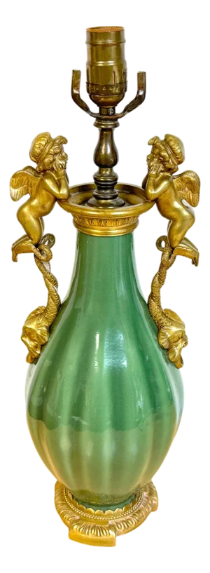 19th C. French Putti Motif Ormolu-Mounted Chinese Celadon Vase, Now as a Lamp