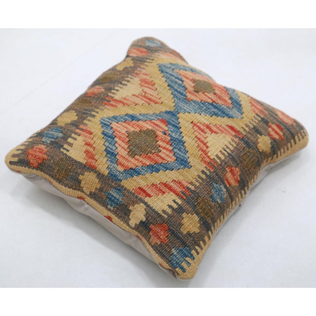 Tribal Arteverk Handwoven Afghan Kilim Pillow — Blue & Cream Diamond Medallion For Sale - Image 3 of 3