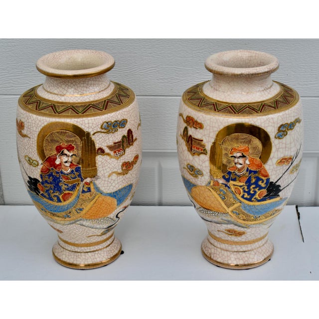 Antique (1920's) Pair of Vases - Japanese Satsuma Moriage. Made of Ceramic with a Multi-Colored Finish. The Measurements:...
