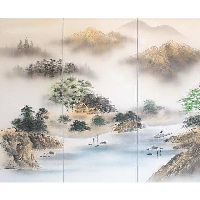 Japanese Large Showa Era Japanese Byobu Screen "Mountain Landscape With River" For Sale - Image 3 of 18