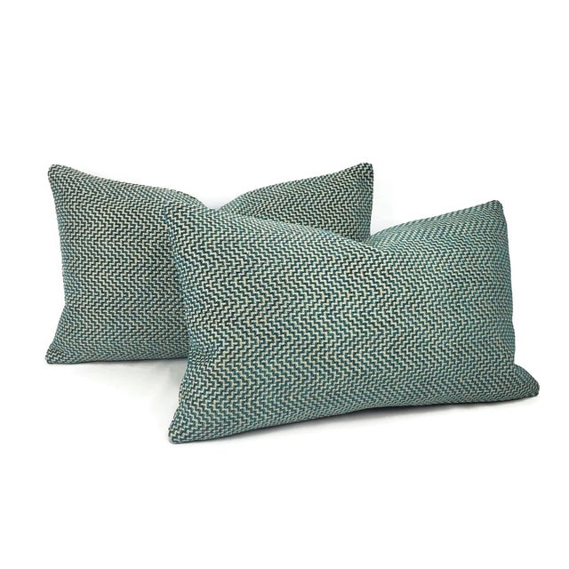 Contemporary Gp & J Baker Glanville in Teal Lumbar Pillow Cover - 12" X 20" Teal and Gray Geometric Weave Cushion Case For Sale - Image 3 of 6