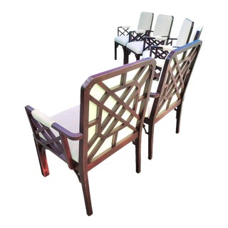 Rare Vintage Upholstered Extra Wide Chinese Chippendale Fretwork Dark Wood Arm Dining Room Chairs- Set 6 For Sale
