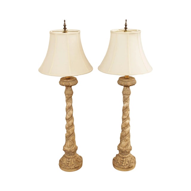 Milano Designs Tall Carved Twisted Torchier Candlestick Table Lamps - A Pair For Sale - Image 13 of 13