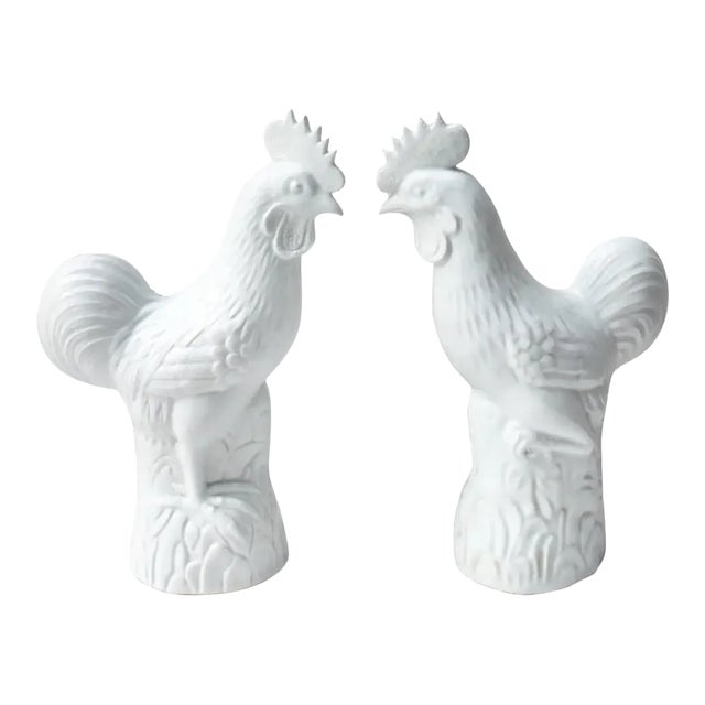 Pair of Vintage White Ceramic Roosters For Sale
