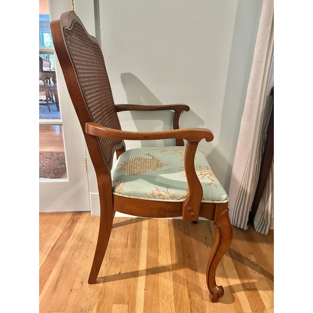 Rustic European 1964 French Style Louis XV Armchair With Caned Back and Thibaut “Coral Gables” Upholstered Seat For Sale - Image 3 of 14