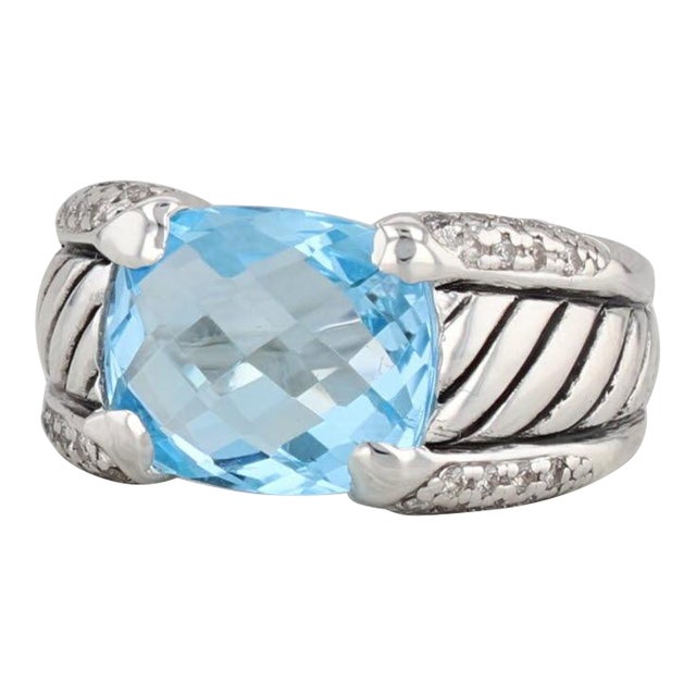 David Yurman 6.10ctw Blue Topaz Diamond Ring Sterling Silver Size 6.25 For Sale