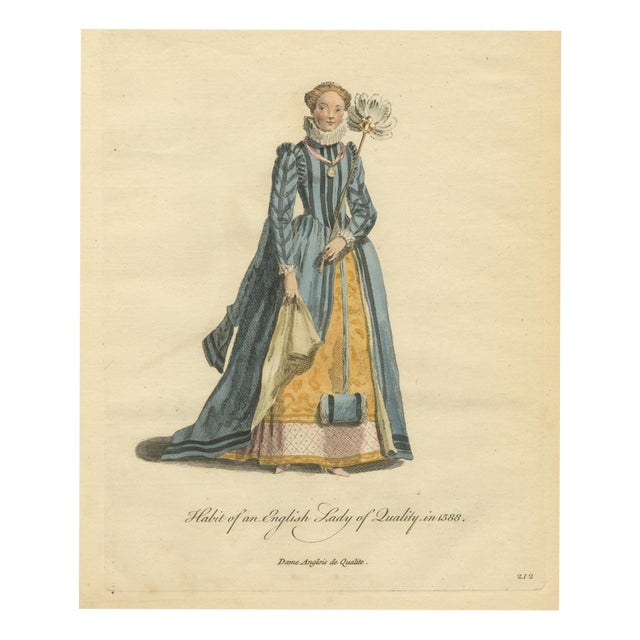 Jefferys, English Lady of Quality in 1588 with Feather Fan, 1757, Engraving For Sale