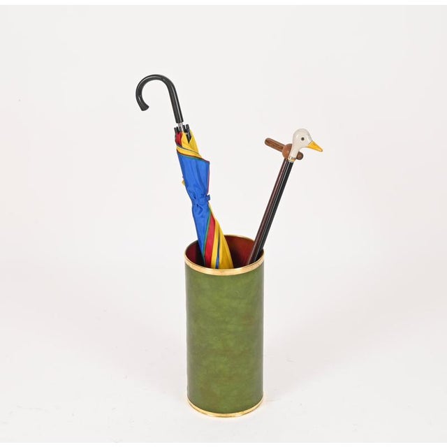 Mid-Century Green Leatherette and Brass Umbrella Stand from Aldo Tura, Italy, 1970s For Sale - Image 3 of 13