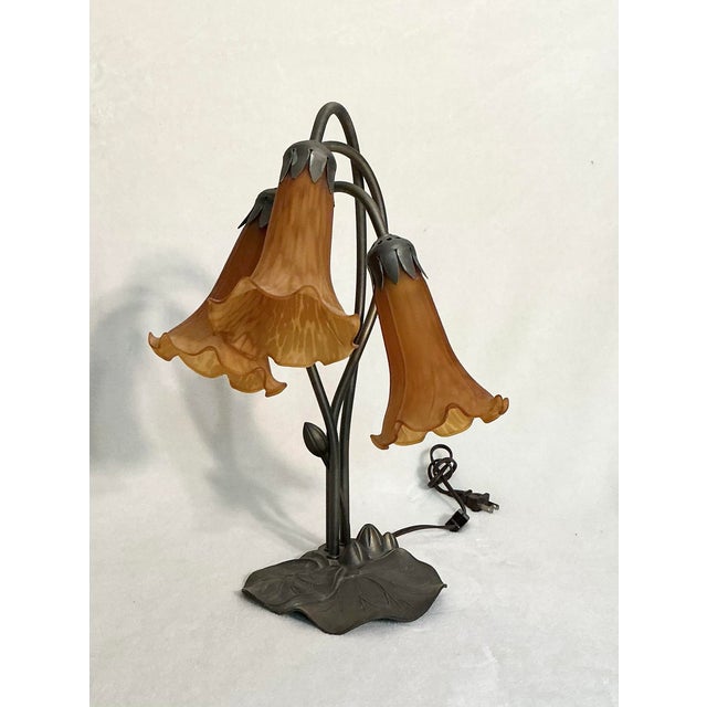 Mid-Century Modern Tiffany Styled Pond Lily Three Light 16"Tall Table Lamp For Sale - Image 3 of 12