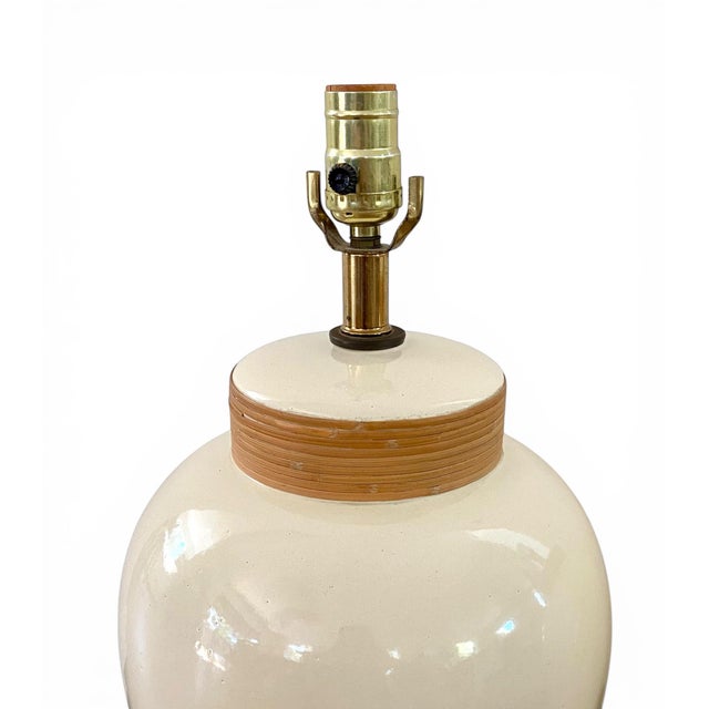 Wood Hollywood Regency Ivory Ceramic & Rattan Ginger Jar Table Lamps - A Pair For Sale - Image 7 of 10