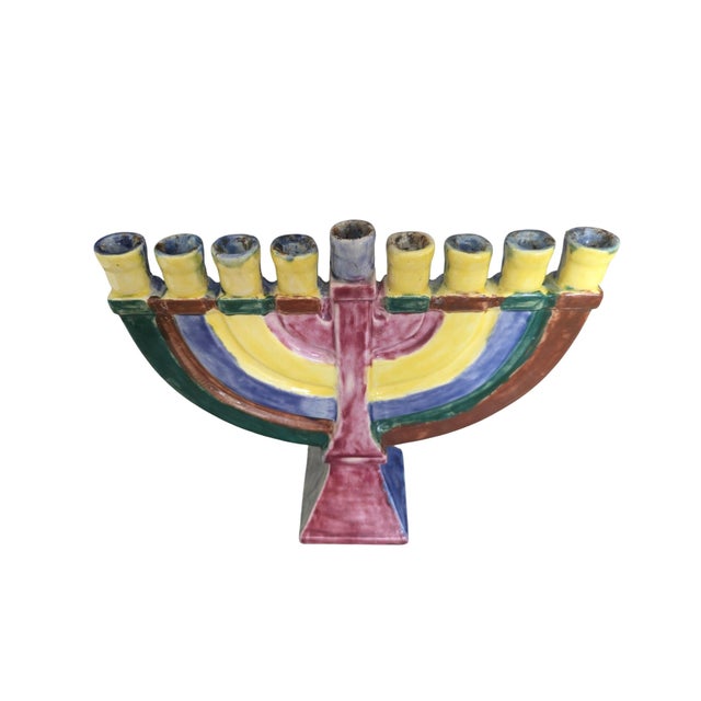 Vintage Hand Painted Ceramic Studio Pottery Menorah For Sale - Image 4 of 16