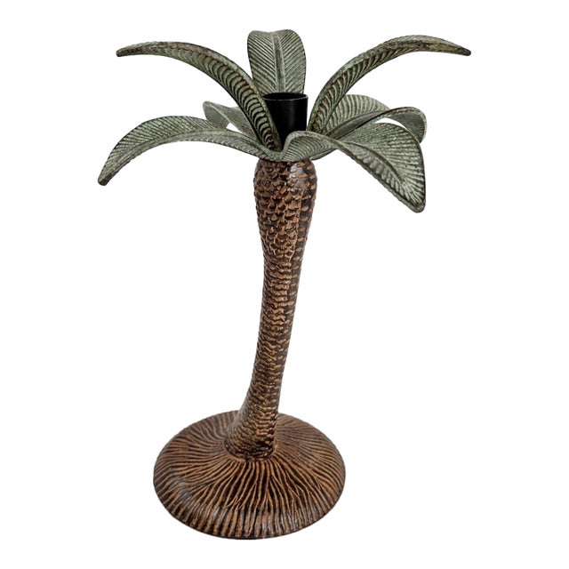 Vintage Hollywood Regency Palm Tree Candlestick With Verdigris Patina For Sale