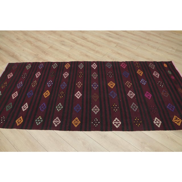1970s Cabin Style Stripe Design Hand Knotted Oushak Natural Wool Kilim Rug For Sale - Image 4 of 13