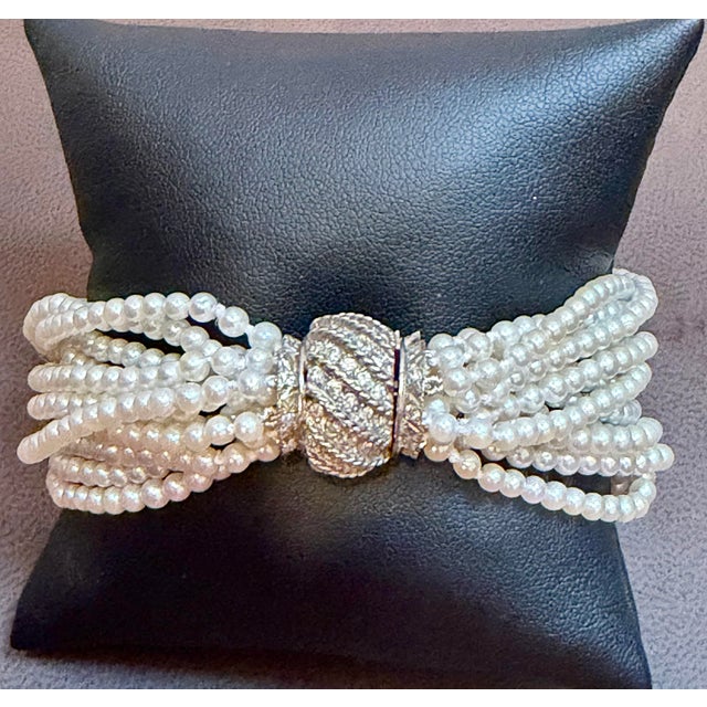 3.1 Mm Akoya Japanies Pearl Multi Strand Bracelet, 14kwg Diamond Clasp, 8 Inch For Sale - Image 9 of 12