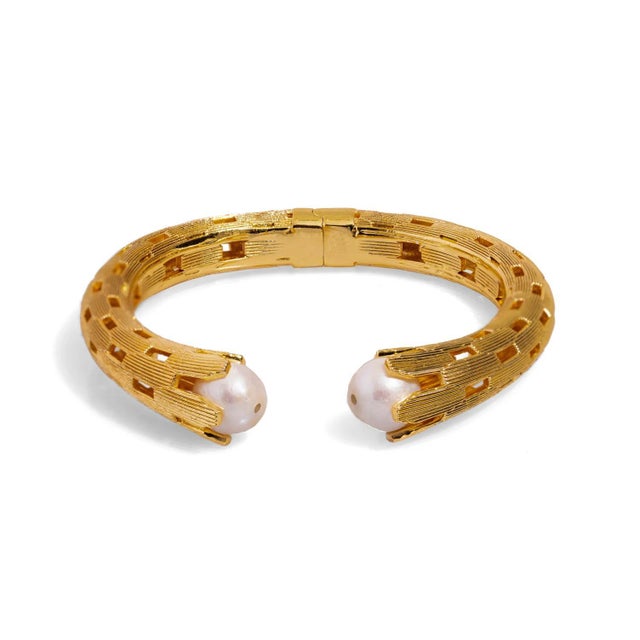 Brass Cleopatra Gold & Pearl Chunky Cuff Design Bracelet For Sale - Image 8 of 8