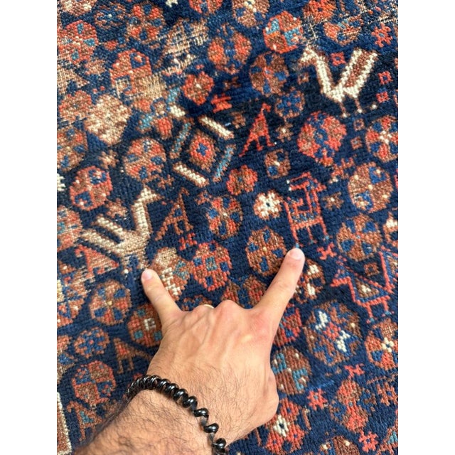 1920s Southwest Persian Khamseh Deep Blues, Amber, Peacock Green Rug 7.8 x 9 For Sale - Image 10 of 13