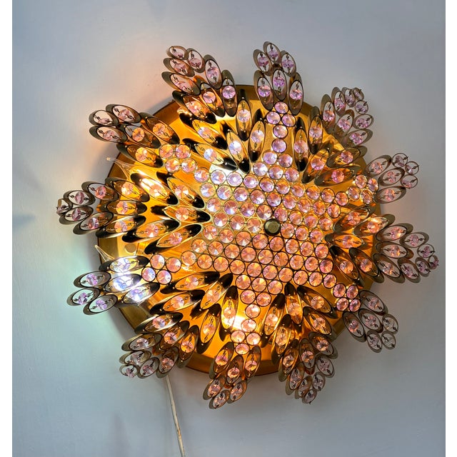 Vintage Brass Sunburst Ceiling Light, Hand-Painted Pink Crystal Beaded Mandala Chandelier, 10-Light Flush Mount For Sale - Image 10 of 18