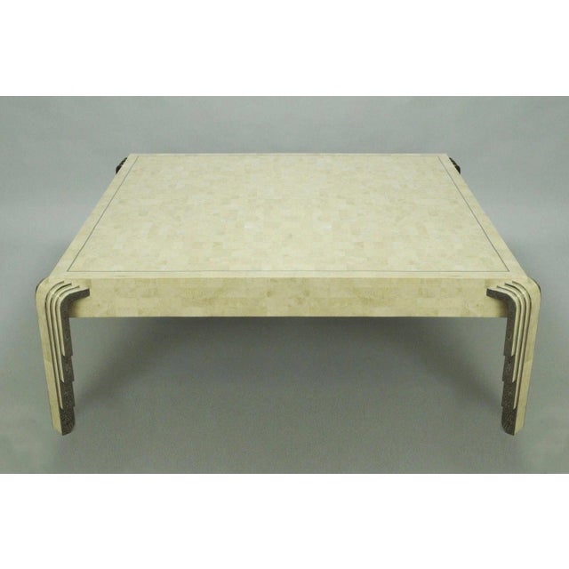 Vintage Tavola by Oggetti Art Deco Form Tessellated Stone Chrome Trim Square Coffee Table. Circa Late 20th Century....