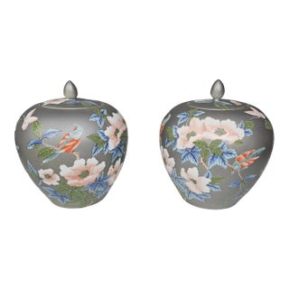 1980's Gray Field Macau Ginger Jars With Multicolor Flora Birds - a Pair For Sale