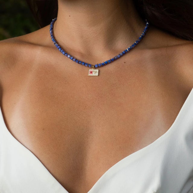 Love You Enamel Heart Pendant Blue Choker Necklace For Sale - Image 4 of 10