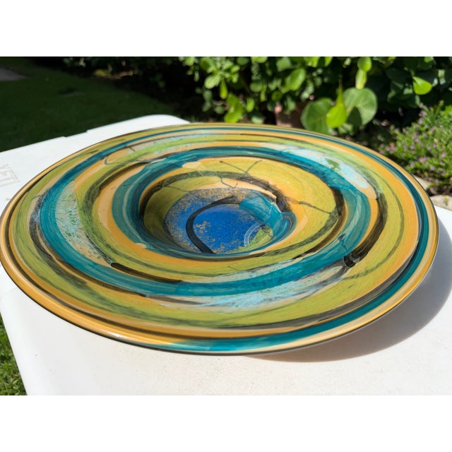 Vintage Handcrafted Art Glass Charger Bowl in Blue, Teal & Amber Swirl Glaze For Sale In Naples, FL - Image 6 of 11