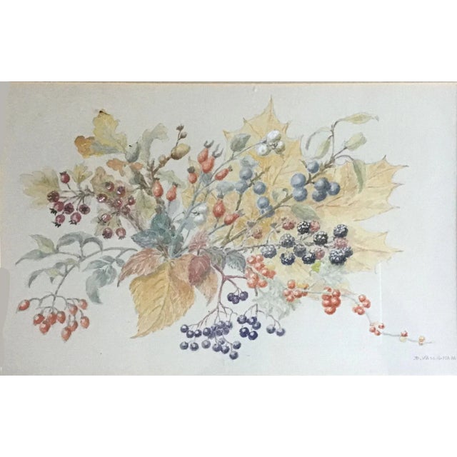 English Vintage Winter Berries in a Cotswolds Garden Framed Watercolor Painting For Sale - Image 3 of 9