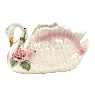 Vintage Pink and Gold Lusterware Ceramic Large Swan Planter Centerpiece For Sale